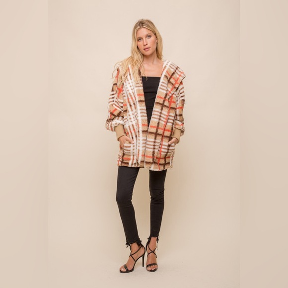 522. Last 1! Orange/Tan Boho Cozy Hood Chunky Soft  Sherpa Fleece Teddy jacket - Picture 4 of 5